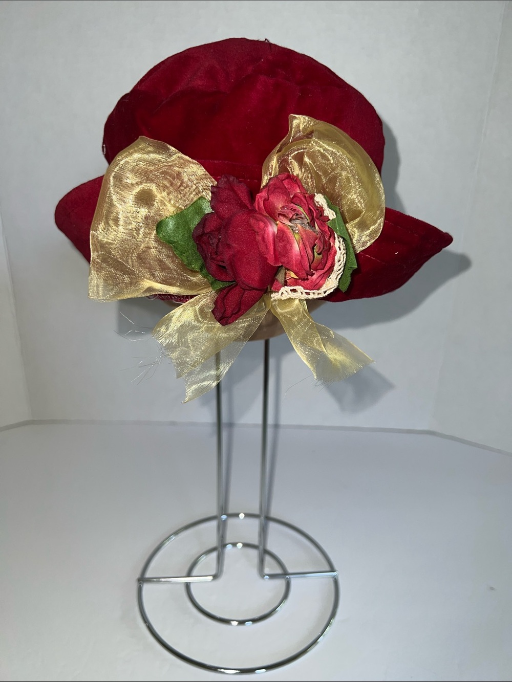 Kids Elegant Red Floral Accent Hat with Gold Bow